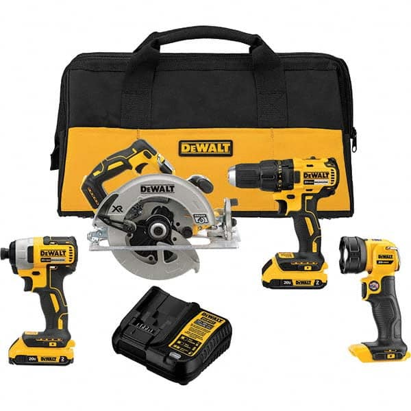 DeWALT - Cordless Tool Combination Kits Voltage: 20 Tools: Brushless 1/2" Cordless Drill/Driver; Brushless 1/4" Cordless Impact Driver; Brushless XR 7-1/4 Circular Saw; Cordless LED Work Light - Exact Tooling
