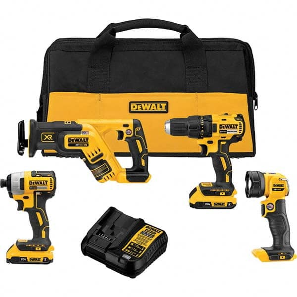 DeWALT - Cordless Tool Combination Kits Voltage: 20 Tools: Brushless 1/2" Cordless Drill/Driver; Brushless 1/4" Cordless Impact Driver; Brushless Cordless Compact Reciprocating Saw; Cordless LED Work Light - Exact Tooling