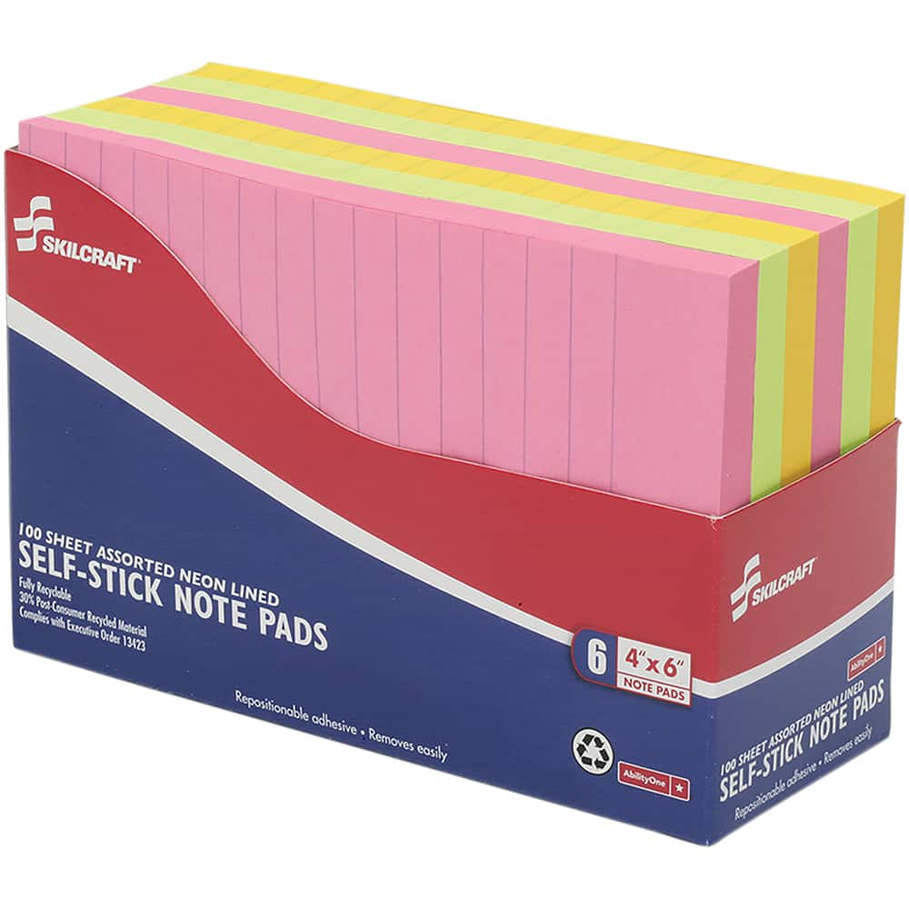 Ability One - Note Pads, Writing Pads & Notebooks; Writing Pads & Notebook Type: Self-Stick Notes ; Size: 4 x 6 ; Number of Sheets: 100 ; Color: Lime; Melon; Lemon; Pink - Exact Tooling