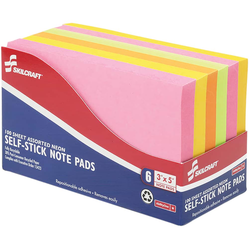 Ability One - Note Pads, Writing Pads & Notebooks; Writing Pads & Notebook Type: Self-Stick Notes ; Size: 3 x 5 ; Number of Sheets: 100 ; Color: Lime; Melon; Lemon; Pink - Exact Tooling