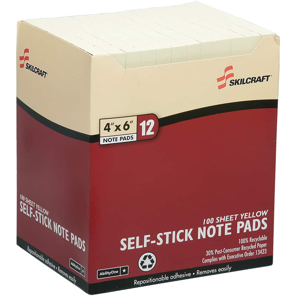 Ability One - Note Pads, Writing Pads & Notebooks; Writing Pads & Notebook Type: Self-Stick Notes ; Size: 4 x 6 ; Number of Sheets: 100 ; Color: Yellow - Exact Tooling