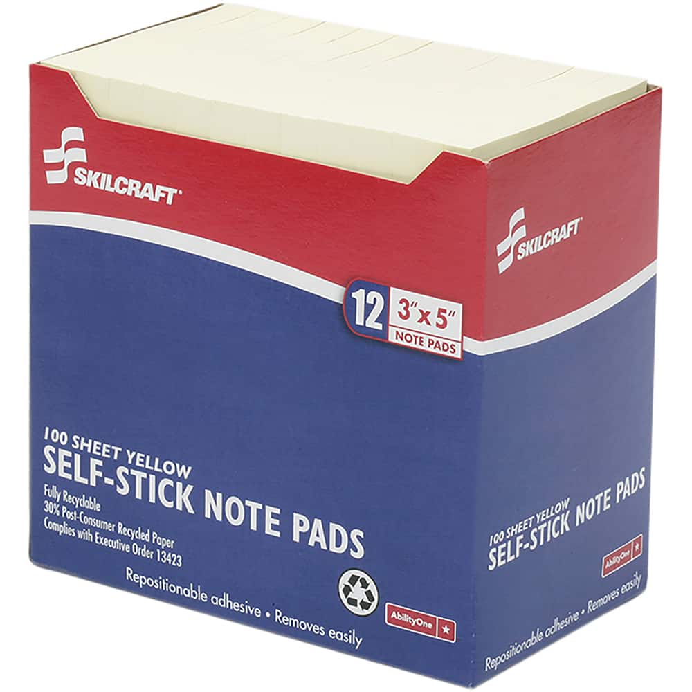 Ability One - Note Pads, Writing Pads & Notebooks; Writing Pads & Notebook Type: Self-Stick Notes ; Size: 3" x 5" ; Number of Sheets: 100 ; Color: Yellow ; Style of Rule: Unruled - Exact Tooling