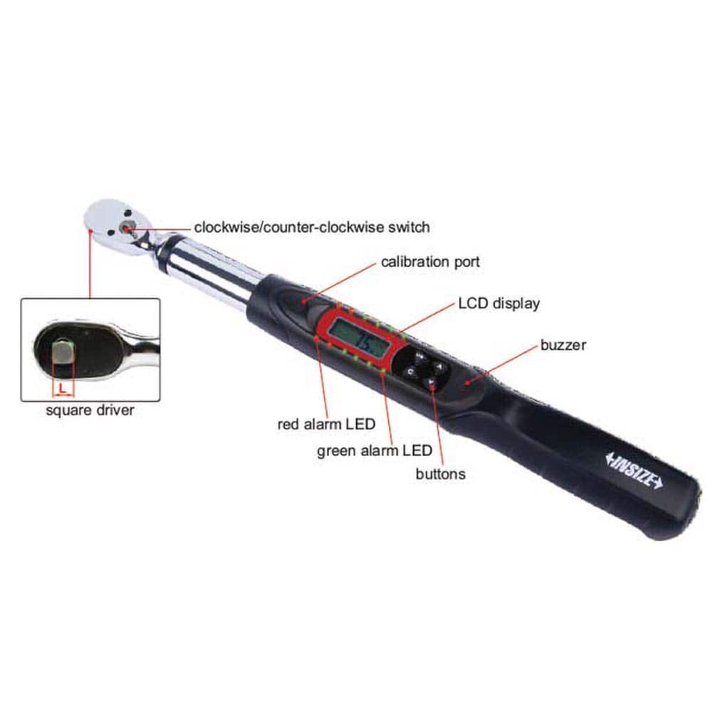Insize USA LLC - Torque Wrenches; Type: Digital ; Drive Size: 1/2 ; Maximum Torque (In/Lb): 1770.0 ; Maximum Torque (Ft/Lb): 147.50 ; Maximum Torque (Nm): 200.000 ; Minimum Torque (Nm): 40.000 - Exact Tooling