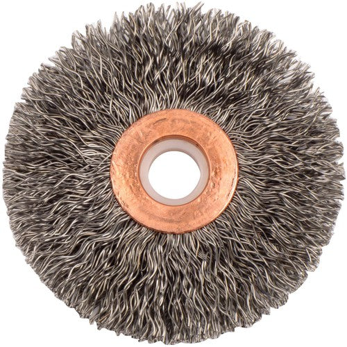 2-1/2″ Small Diameter Crimped Wire Wheel, .014″ Steel Fill, 1/2″-3/8″ Arbor Hole - Exact Tooling