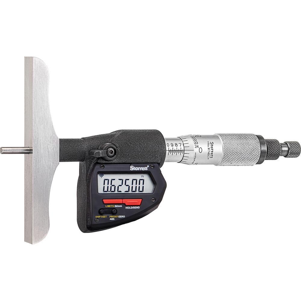 Starrett - Electronic Depth Micrometers; Minimum Measurement (mm): 0 ; Minimum Measurement (Decimal Inch): 0 ; Maximum Measurement (Inch): 6.00 ; Maximum Measurement (Decimal Inch): 6.00 ; Maximum Measurement (mm): 150 ; Base Length (mm): 4.0000 - Exact Tooling