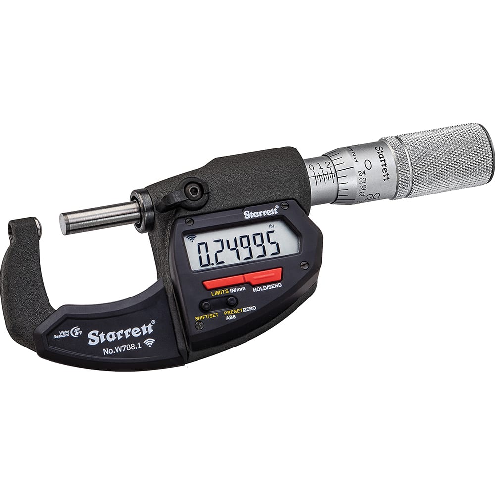 Starrett - Electronic Outside Micrometers; Type: Wireless Electronic Micrometer with Rounded Anvil ; Minimum Measurement (Decimal Inch): 0 ; Minimum Measurement (mm): 0 ; Maximum Measurement (mm): 25 ; Maximum Measurement (Decimal Inch): 1 ; Thimble Type - Exact Tooling