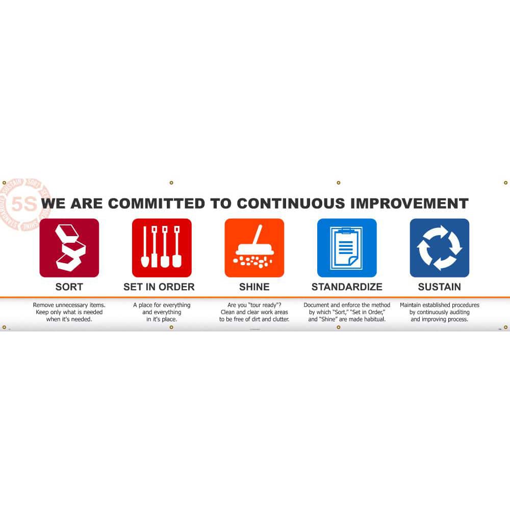 NMC - Banners; Message Type: Lean ; Legend: 5S WE ARE COMMITTED TO CONTINUOUS IMPROVEMENT SORT SET IN ORDER SHINE STANDARDIZE SUSTAIN ; Graphic: 5s ; Material Type: Vinyl ; Language: English ; Length (Inch): 120 - Exact Tooling
