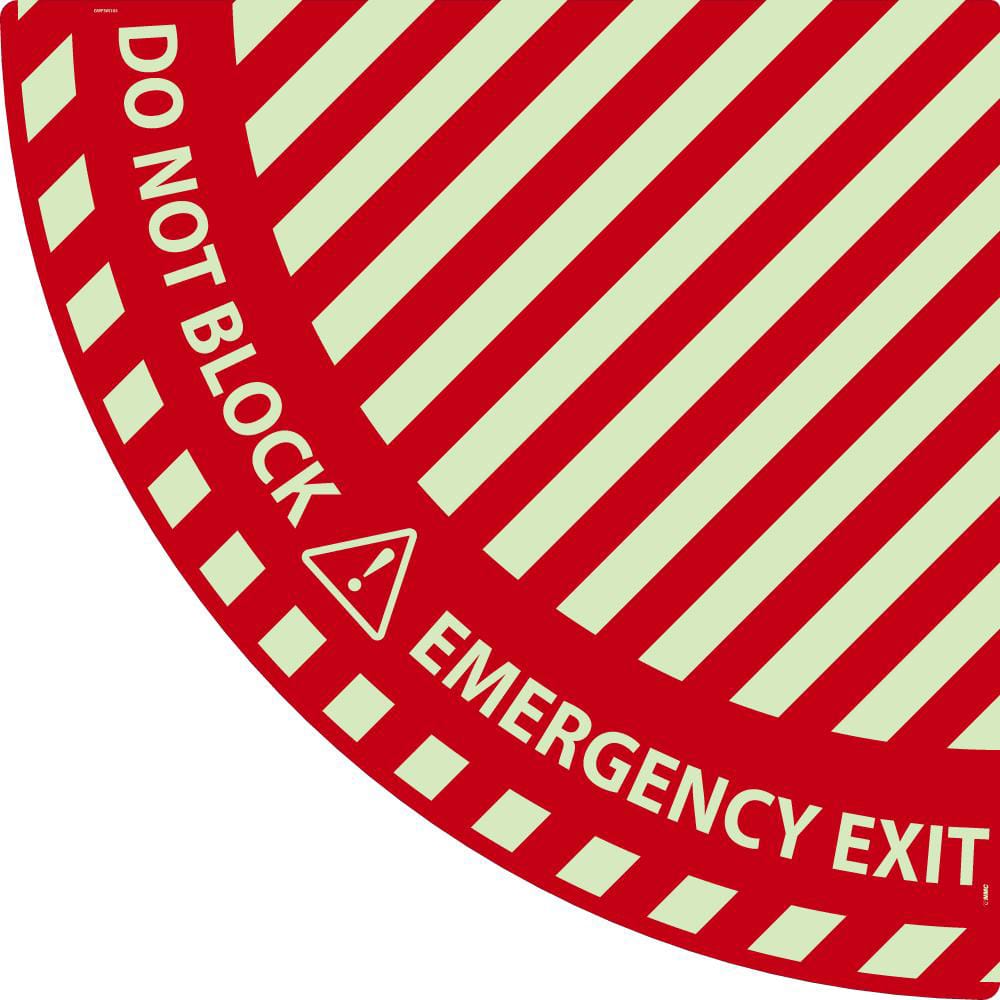 NMC - Adhesive Backed Floor Signs; Message Type: Exit, Entrance & Directional ; Graphic Type: Doorway ; Message or Graphic: EMERGENCY EXIT, DO NOT BLOCK ; Legend: EMERGENCY EXIT, DO NOT BLOCK ; Color: Red; White ; Special Color Properties: Glow in the Da - Exact Tooling