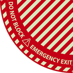 NMC - Adhesive Backed Floor Signs; Message Type: Exit, Entrance & Directional ; Graphic Type: Doorway ; Message or Graphic: EMERGENCY EXIT, DO NOT BLOCK ; Legend: EMERGENCY EXIT, DO NOT BLOCK ; Color: Red; White ; Special Color Properties: Glow in the Da - Exact Tooling