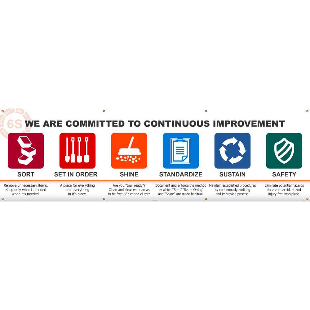 NMC - Banners; Message Type: Lean ; Legend: 6S WE ARE COMMITTED TO CONTINUOUS IMPROVEMENT SORT SET IN ORDER SHINE STANDARDIZE SUSTAIN SAFETY ; Graphic: 5s ; Material Type: Vinyl ; Language: English ; Length (Inch): 120 - Exact Tooling