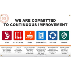 NMC - Banners; Message Type: Lean ; Legend: 6S WE ARE COMMITTED TO CONTINUOUS IMPROVEMENT SORT SET IN ORDER SHINE STANDARDIZE SUSTAIN SAFETY ; Graphic: 5s ; Material Type: Vinyl ; Language: English ; Length (Inch): 60 - Exact Tooling
