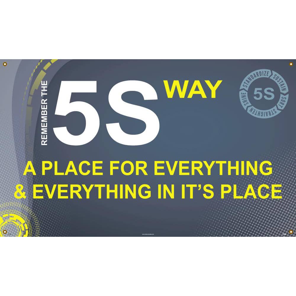 NMC - Banners; Message Type: Lean ; Legend: REMEMBER THE 5S WAY A PLACE FOR EVERYTHING & EVERYTHING IN ITS PLACE ; Graphic: 5s ; Material Type: Vinyl ; Language: English ; Length (Inch): 60 - Exact Tooling