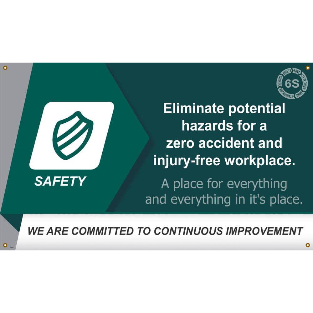 NMC - Banners; Message Type: Lean ; Legend: Eliminate Potential Hazards For A Zero Accident And Injury-Free Workplace ; Graphic: 5s ; Material Type: Vinyl ; Language: English ; Length (Inch): 60 - Exact Tooling