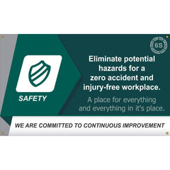 NMC - Banners; Message Type: Lean ; Legend: Eliminate Potential Hazards For A Zero Accident And Injury-Free Workplace ; Graphic: 5s ; Material Type: Vinyl ; Language: English ; Length (Inch): 60 - Exact Tooling