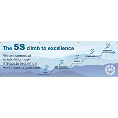 NMC - Banners; Message Type: Lean ; Legend: The 5S Climb To Excellence ; Graphic: 5s ; Material Type: Vinyl ; Language: English ; Length (Inch): 120 - Exact Tooling