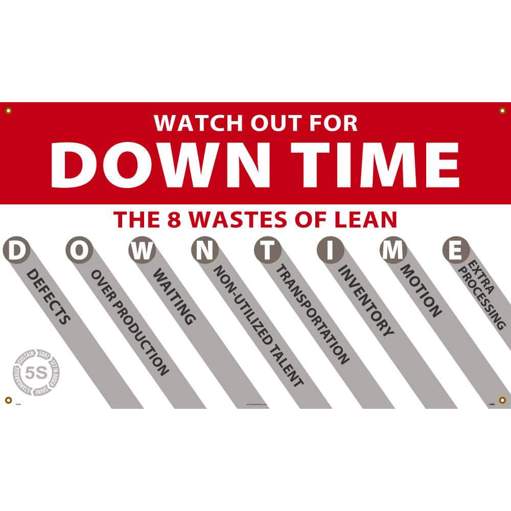 NMC - Banners; Message Type: Lean ; Legend: WATCH OUT FOR DOWN TIME, THE 8 WASTES OF LEAN ; Graphic: 5s ; Material Type: Vinyl ; Language: English ; Length (Inch): 60 - Exact Tooling