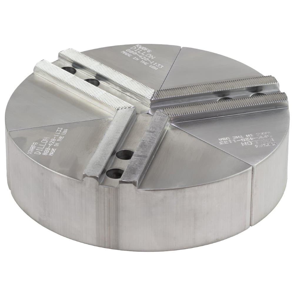 Dillon Manufacturing - Hard Lathe Chuck Jaws; Jaw Type: Full Grip ; Jaw Interface Type: 1.5mm x 60 Serrated ; Maximum Compatible Chuck Diameter (Inch): 12 ; Material: 6061-T6 Aluminum ; Groove Width (Decimal Inch): 0.8270 ; Overall Height (Inch): 2 - Exact Tooling