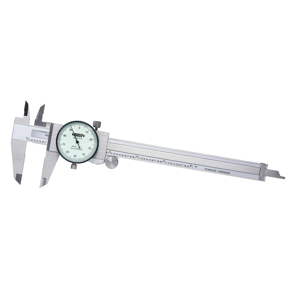 Insize USA LLC - Dial Calipers; Maximum Measurement (Inch): 4 ; Dial Graduation (Decimal Inch): 0.001000 ; Accuracy (Decimal Inch): ?.0015 ; Jaw Length (Decimal Inch): 1.1810 ; Range Per Revolution (Decimal Inch): 0.1000 ; Dial Face Color: White - Exact Tooling