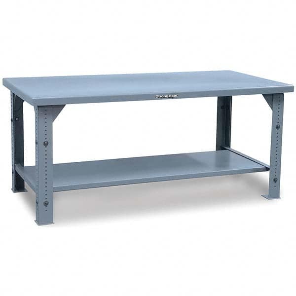 Strong Hold - Stationary Work Benches, Tables Type: Adjustable Leg Top Material: 7 Gauge Steel - Exact Tooling