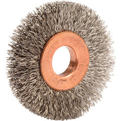 1-1/2″ Small Diameter Crimped Wire Wheel, .008″ Stainless Steel Fill, 3/8″ Arbor Hole - Exact Tooling