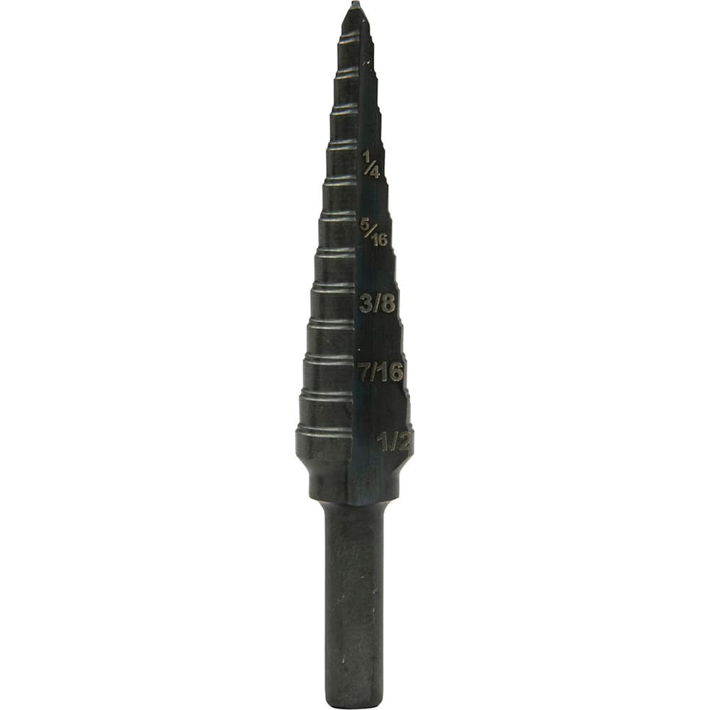 Greenlee - Step Drill Bits; Minimum Hole Diameter (Inch): 1/8 ; Maximum Hole Diameter (Inch): 1/2 ; Drill Bit Material: Steel ; Drill Bit Finish/Coating: Steam Oxide ; Number of Hole Sizes: 13 ; Shank Type: 3-Flat - Exact Tooling