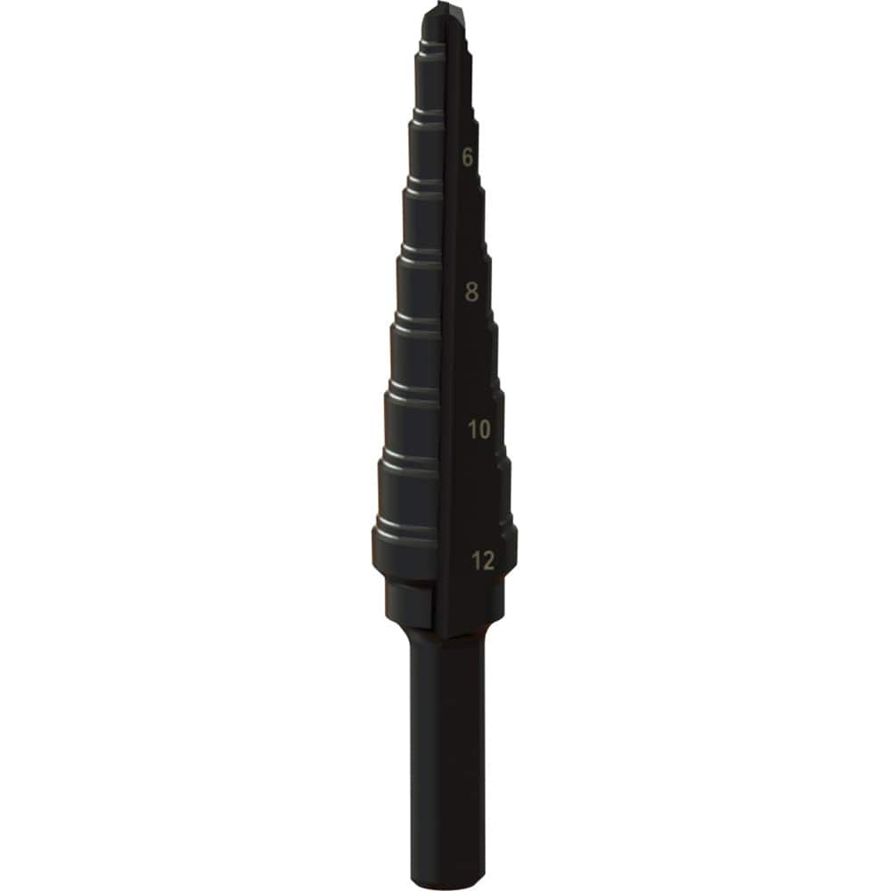Greenlee - Step Drill Bits; Minimum Hole Diameter (mm): 4.00 ; Maximum Hole Diameter (mm): 12.000 ; Drill Bit Material: Steel ; Drill Bit Finish/Coating: Steam Oxide ; Number of Hole Sizes: 9 ; Shank Type: 3-Flat - Exact Tooling