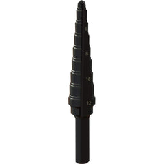 Greenlee - Step Drill Bits; Minimum Hole Diameter (mm): 4.00 ; Maximum Hole Diameter (mm): 12.000 ; Drill Bit Material: Steel ; Drill Bit Finish/Coating: Steam Oxide ; Number of Hole Sizes: 9 ; Shank Type: 3-Flat - Exact Tooling