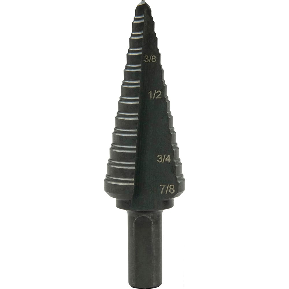 Greenlee - Step Drill Bits; Minimum Hole Diameter (Inch): 3/16 ; Maximum Hole Diameter (Inch): 7/8 ; Drill Bit Material: Steel ; Drill Bit Finish/Coating: Steam Oxide ; Number of Hole Sizes: 12 ; Shank Type: 3-Flat - Exact Tooling