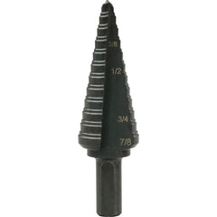 Greenlee - Step Drill Bits; Minimum Hole Diameter (Inch): 3/16 ; Maximum Hole Diameter (Inch): 7/8 ; Drill Bit Material: Steel ; Drill Bit Finish/Coating: Steam Oxide ; Number of Hole Sizes: 12 ; Shank Type: 3-Flat - Exact Tooling