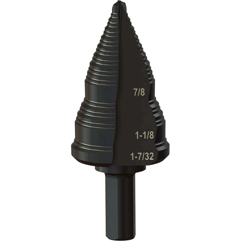 Greenlee - Step Drill Bits; Minimum Hole Diameter (Inch): 3/16 ; Maximum Hole Diameter (Inch): 1-7/32 ; Drill Bit Material: Steel ; Drill Bit Finish/Coating: Steam Oxide ; Number of Hole Sizes: 4 ; Shank Type: 3-Flat - Exact Tooling