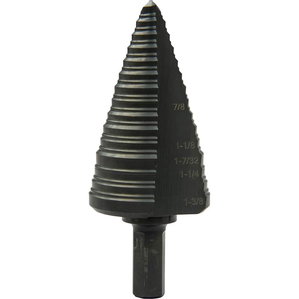 Greenlee - Step Drill Bits; Minimum Hole Diameter (Inch): 1/4 ; Maximum Hole Diameter (Inch): 1-3/8 ; Drill Bit Material: Steel ; Drill Bit Finish/Coating: Steam Oxide ; Number of Hole Sizes: 15 ; Shank Type: 3-Flat - Exact Tooling