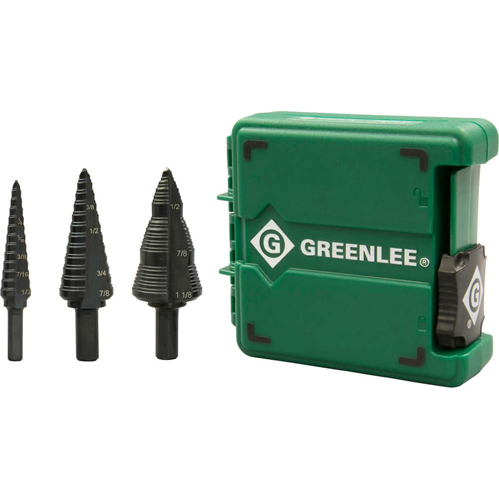 Greenlee - Drill Bit Sets; System of Measurement: Inch ; Drill Bit Material: Steel ; Drill Bit Set Type: Step Drill Bits ; Minimum Drill Bit Size (Decimal Inch): 0.5000 ; Minimum Drill Bit Size (Inch): 1/2 ; Maximum Drill Bit Size (Decimal Inch): 1.1250 - Exact Tooling
