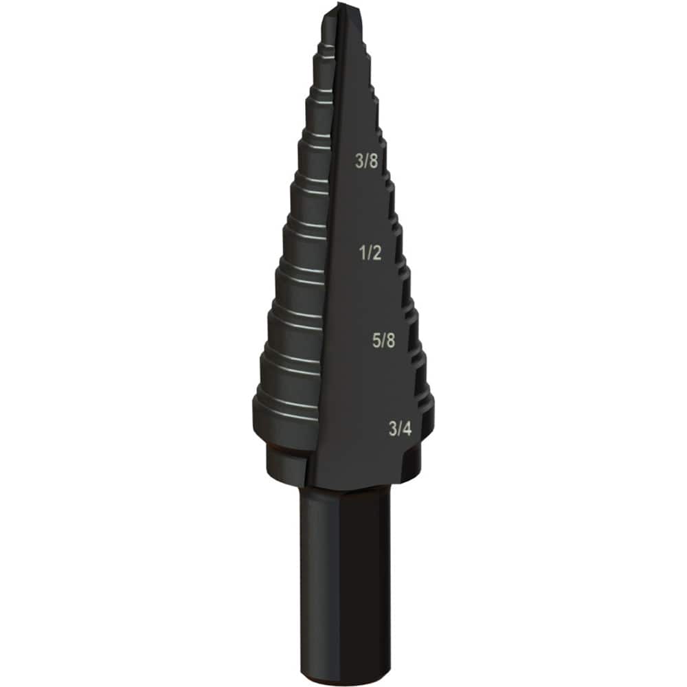 Greenlee - Step Drill Bits; Minimum Hole Diameter (Inch): 3/16 ; Maximum Hole Diameter (Inch): 3/4 ; Drill Bit Material: Steel ; Drill Bit Finish/Coating: Steam Oxide ; Number of Hole Sizes: 10 ; Shank Type: 3-Flat - Exact Tooling