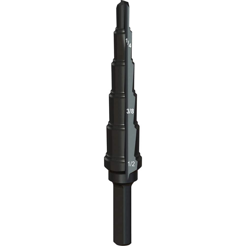 Greenlee - Step Drill Bits; Minimum Hole Diameter (Inch): 3/16 ; Maximum Hole Diameter (Inch): 1/2 ; Drill Bit Material: Steel ; Drill Bit Finish/Coating: Steam Oxide ; Number of Hole Sizes: 6 ; Shank Type: 3-Flat - Exact Tooling