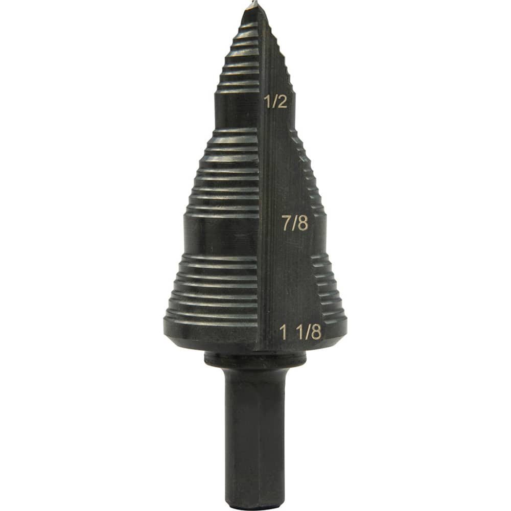 Greenlee - Step Drill Bits; Minimum Hole Diameter (Inch): 3/16 ; Maximum Hole Diameter (Inch): 1-1/8 ; Drill Bit Material: Steel ; Drill Bit Finish/Coating: Steam Oxide ; Number of Hole Sizes: 4 ; Shank Type: 3-Flat - Exact Tooling