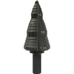 Greenlee - Step Drill Bits; Minimum Hole Diameter (Inch): 3/16 ; Maximum Hole Diameter (Inch): 1-1/8 ; Drill Bit Material: Steel ; Drill Bit Finish/Coating: Steam Oxide ; Number of Hole Sizes: 4 ; Shank Type: 3-Flat - Exact Tooling