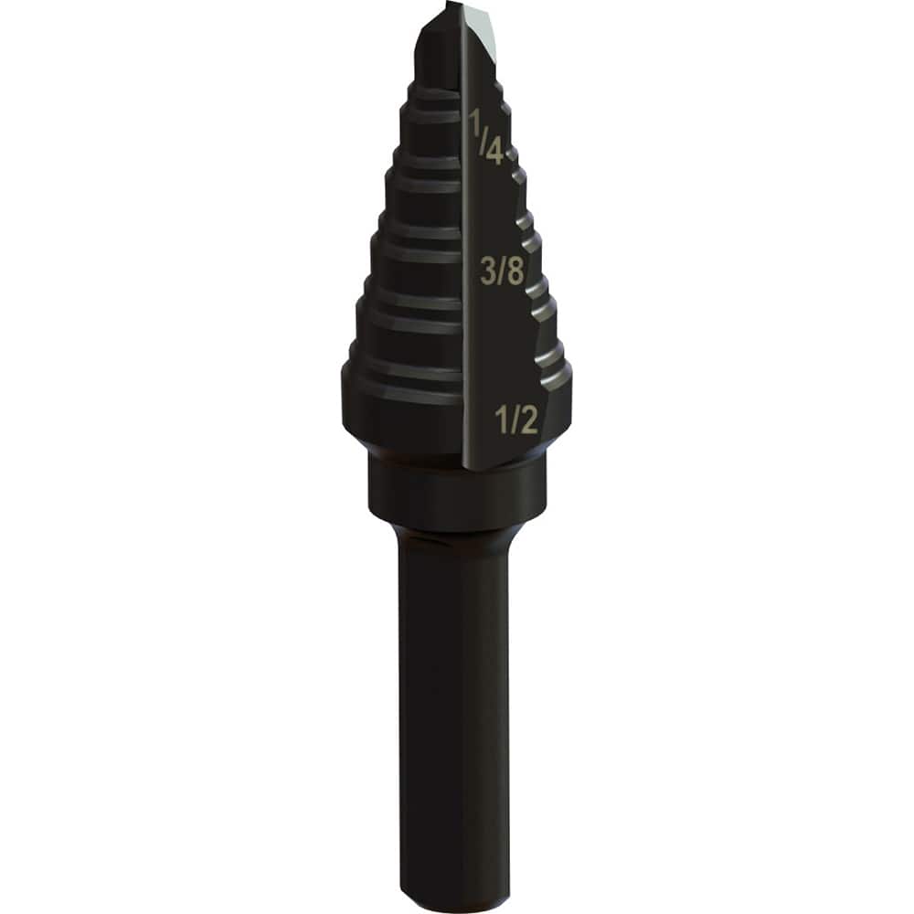 Greenlee - Step Drill Bits; Minimum Hole Diameter (Inch): 3/16 ; Maximum Hole Diameter (Inch): 1/2 ; Drill Bit Material: Steel ; Drill Bit Finish/Coating: Steam Oxide ; Number of Hole Sizes: 6 ; Shank Type: 3-Flat - Exact Tooling