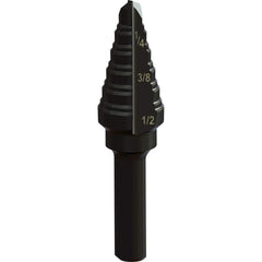 Greenlee - Step Drill Bits; Minimum Hole Diameter (Inch): 3/16 ; Maximum Hole Diameter (Inch): 1/2 ; Drill Bit Material: Steel ; Drill Bit Finish/Coating: Steam Oxide ; Number of Hole Sizes: 6 ; Shank Type: 3-Flat - Exact Tooling