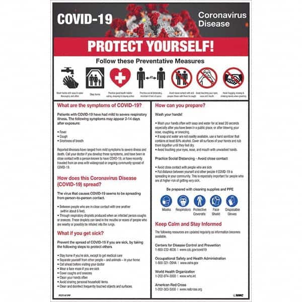 NMC - 1 5-Piece "COVID-19 - PROTECT YOURSELF!", 12" Wide x 18" High, Paper Safety Sign - Exact Tooling