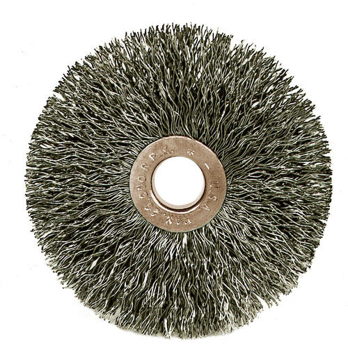 3″ Small Diameter Crimped Wire Wheel, .014″ Stainless Steel Fill, 1/2″-3/8″ Arbor Hole - Exact Tooling