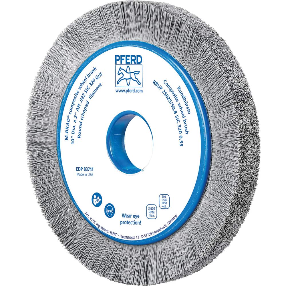 PFERD - Wheel Brushes; Outside Diameter (Inch): 10 ; Wire Type: Crimped; Round ; Fill Material: Nylon; Silicon Carbide ; Trim Length (Inch): 1-1/2 ; Filament Wire Diameter Range: 0.0200-0.0299 ; Maximum RPM: 3600.000 - Exact Tooling