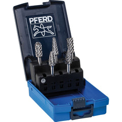 PFERD - 5 Pc Steel Cut Burr Set with Cylinder, Cylinder w/Rad End, Tree w/Pointed End, Tree w/Rad End, Taper - Exact Tooling