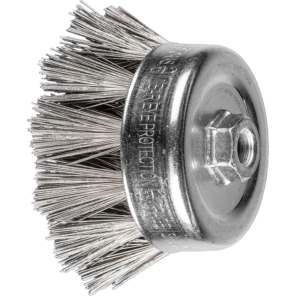 PFERD - Cup Brushes; Brush Diameter (Inch): 4 ; Fill Material: Stainless Steel ; Filament/Wire Diameter (Decimal Inch): 0.0200 ; Wire Type: Standard Twist Knot Wire ; Arbor Type: Threaded Arbor ; Arbor Hole Thread Size: 5/8-11 - Exact Tooling