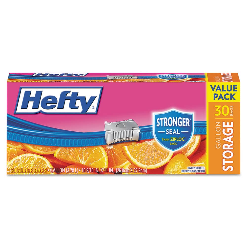 Hefty - Reclosable Food & Sandwich Bags; Volume Capacity: 1 Gal ; Width (Inch): 2-1/2 ; Container Shape: Rectangle ; Height (Inch): 11 ; Material: Plastic ; Thickness (mil): 1.5000 - Exact Tooling