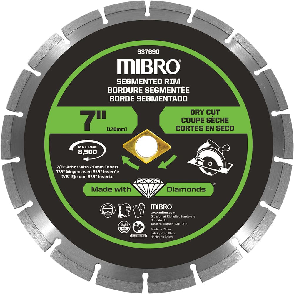 Mibro - Wet & Dry-Cut Saw Blades; Blade Diameter (Inch): 7 ; Blade Material: Diamond Matrix ; Arbor Style: Round w/ Diamond Knockout ; Arbor Hole Diameter (mm): 20.00 ; Application: Tile ; Number of Teeth: 14 - Exact Tooling