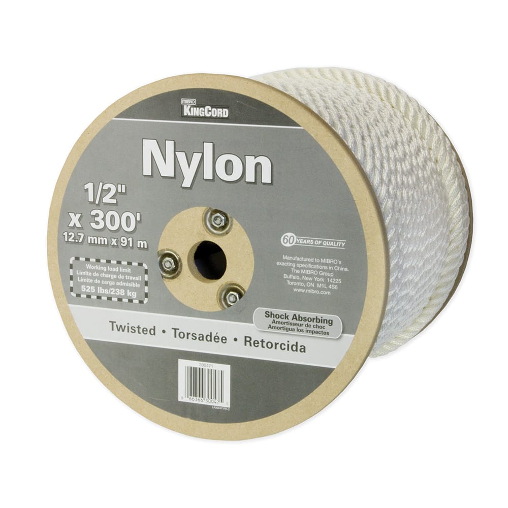 Mibro - Rope; Type: Twisted Rope ; Head/Holder Diameter (Inch): 1/2 ; Material: Nylon ; Load Capacity (Lb.): 535.000 ; Maximum Length: 300.00 ; Color: White - Exact Tooling