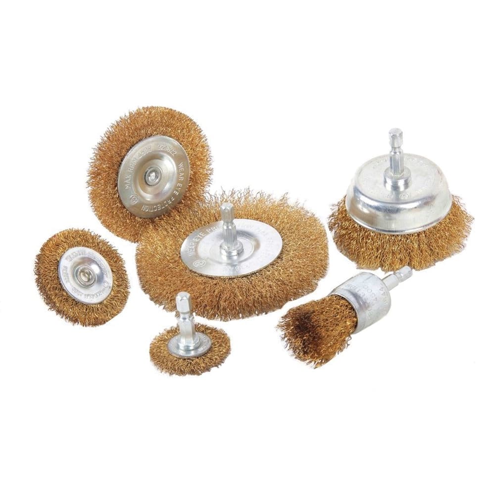 Mibro - Power Brush Sets; Brush Diameter (mm): 1.5; 2; 2.5; 3 ; Set Includes: 3" Crimped Wire Cup Brush; 3" Knotted Wire Cup Brush; 4" Knotted Wire Wheel Brush; 4" Stringer Bead Knotted Wire Wheel Brush; Wood-Handled Wire Brush; M10x1.25 Wire Brush Conve - Exact Tooling