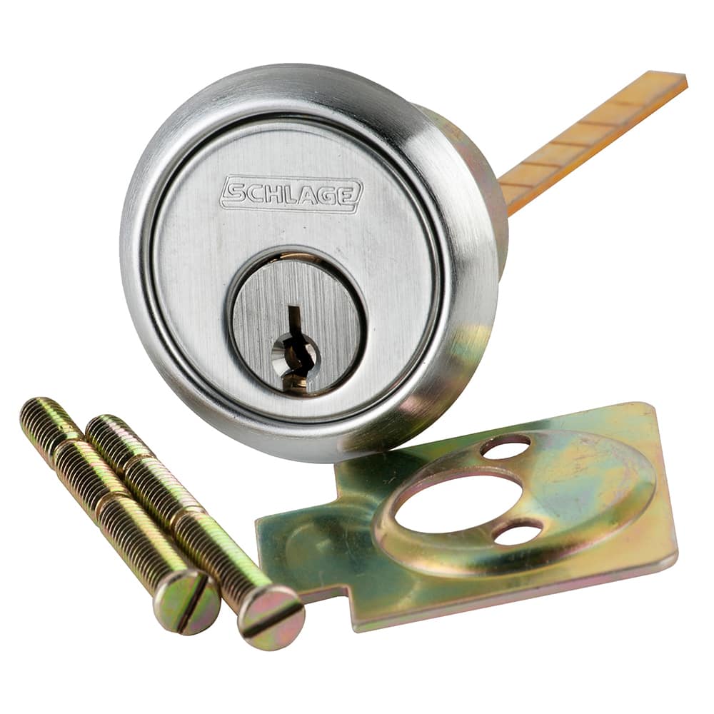 Schlage - Cylinders; Type: Rim ; Keying: CE Keyway ; Number of Pins: 6 ; Material: Brass ; Finish/Coating: Satin Chrome - Exact Tooling