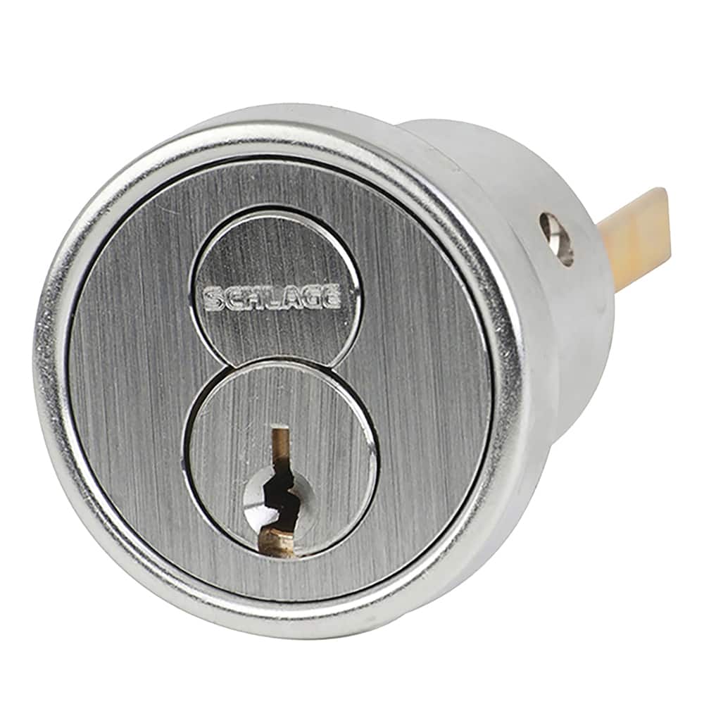Schlage - Cylinders; Type: Rim ; Keying: E Keyway ; Number of Pins: 6 ; Material: Brass ; Finish/Coating: Satin Chrome - Exact Tooling
