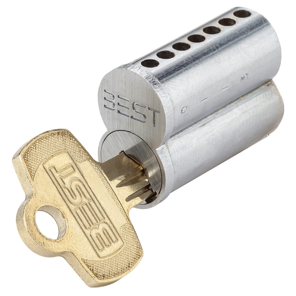 Detex - Cylinders; Type: Mortise ; Keying: Less Core ; Number of Pins: 7 ; Material: Brass ; Finish/Coating: Satin Chrome - Exact Tooling